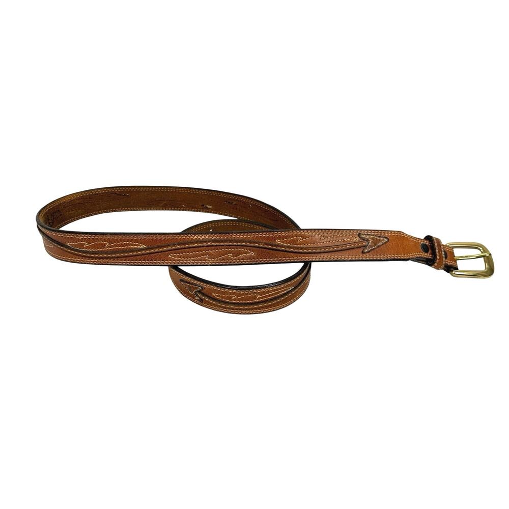 Vintage Jordache Leather Belt Size 36 Tan Tooled Western Horse Logo Made in USA